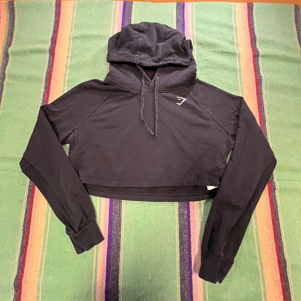 Gymshark Cropped Hoodie Womens Medium Black Raglan Long Sleeve GLPO4850-BK